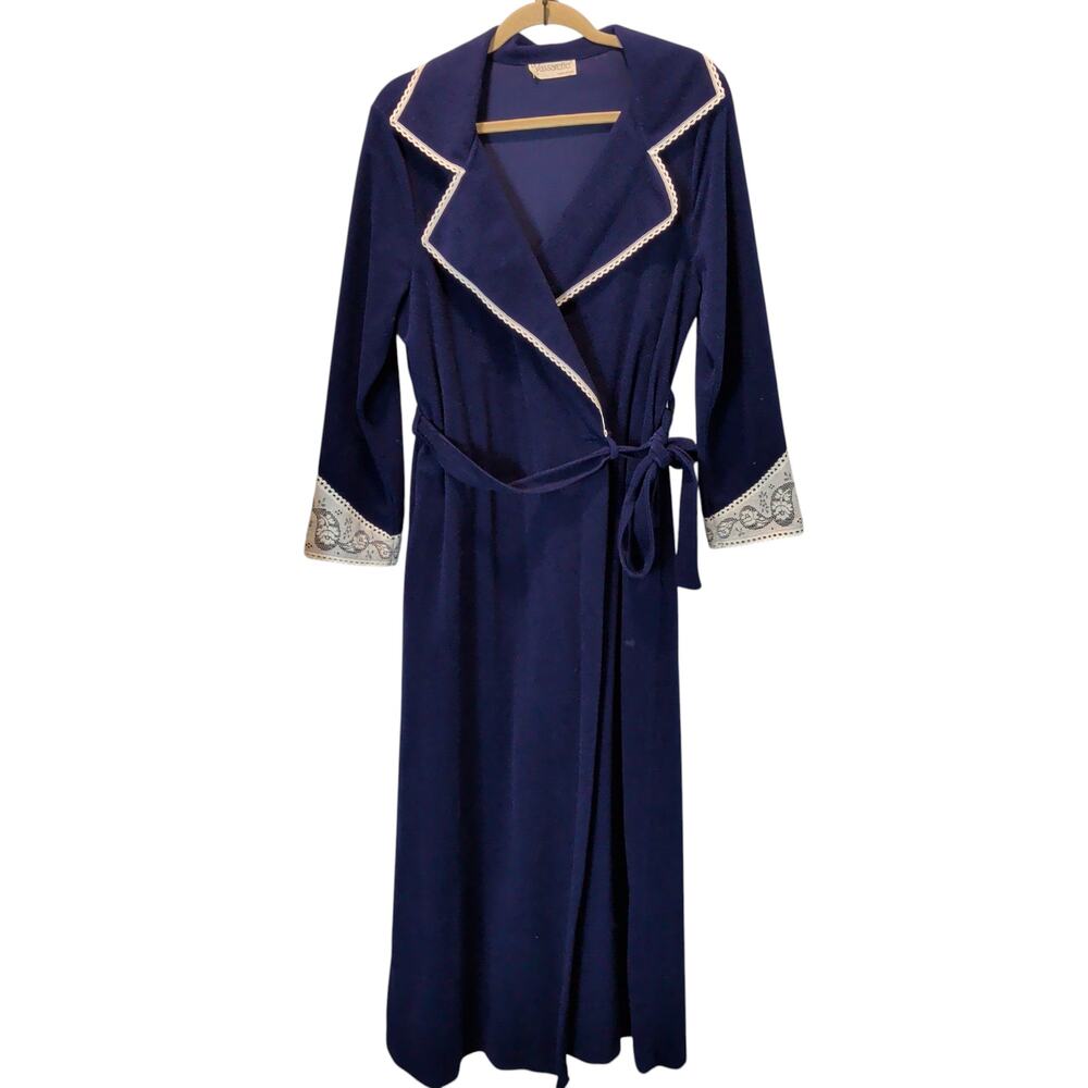 Vintage Vassarette Navy Blue Velvet Lace Trim Collared Robe Full Length